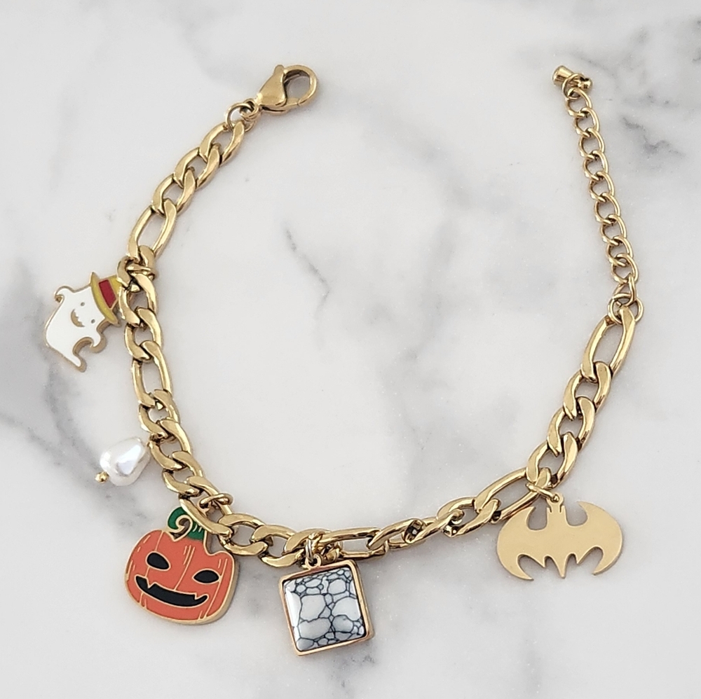 Halloween Gold Plated Stainless Steel Pumpkin Ghost Multi Pendant Charm Bracelet - Picture 3 of 9